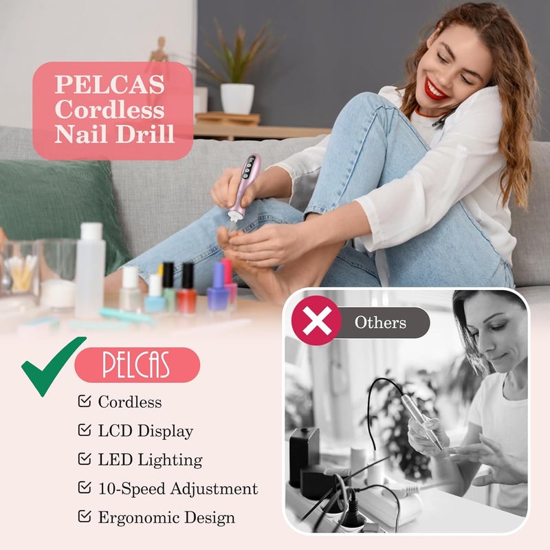 PELCAS Electric Nail File, 10 Speeds Cordless Nail Drill Kit with LED Light, Professional Nail Grinder with LCD Screen Portable e File for Human, Pet, Thick Toenails, Natural & Acrylic Nails Pink - Image 3